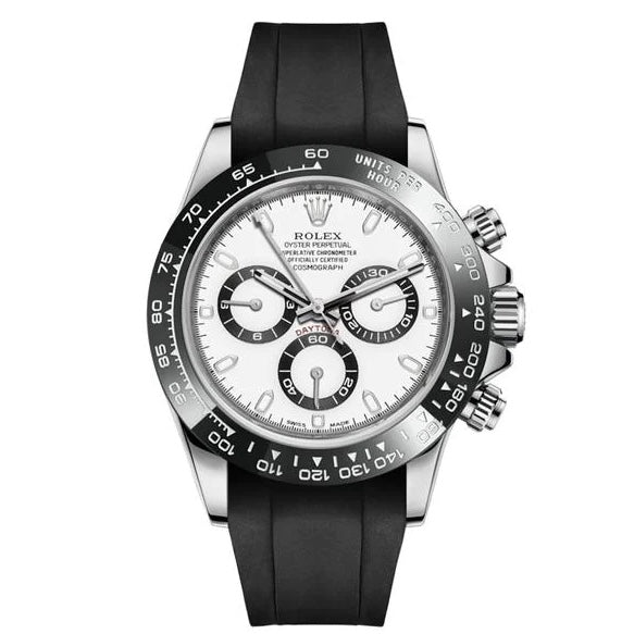 Orologio Rolex Daytona con quadrante bianco e cinturino in gomma, presentato in scatola rolex