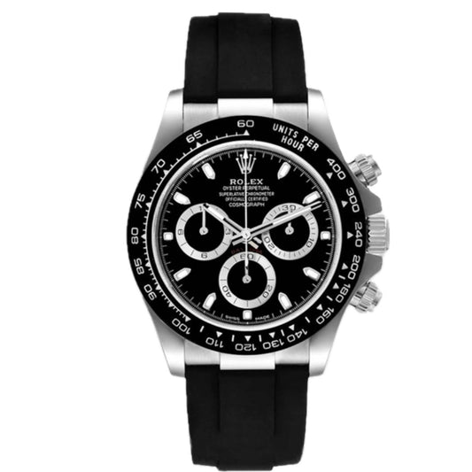 Orologio Rolex Daytona con quadrante nero e cinturino in gomma, presentato in scatola rolex