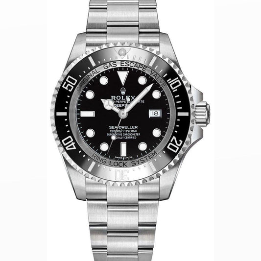 Orologio Rolex Sea-Dweller con quadrante nero e cinturino in acciaio inox, presentato in scatola rolex