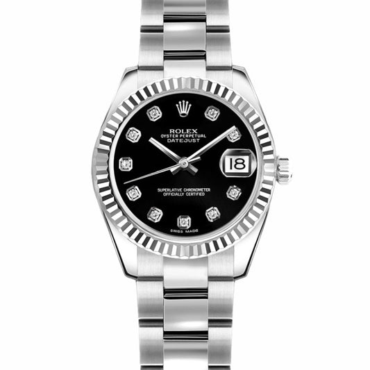 Orologio Rolex Datejust con quadrante nero e cinturino in acciaio inox, presentato in una scatola Rolex con certificato di garanzia internazionale 