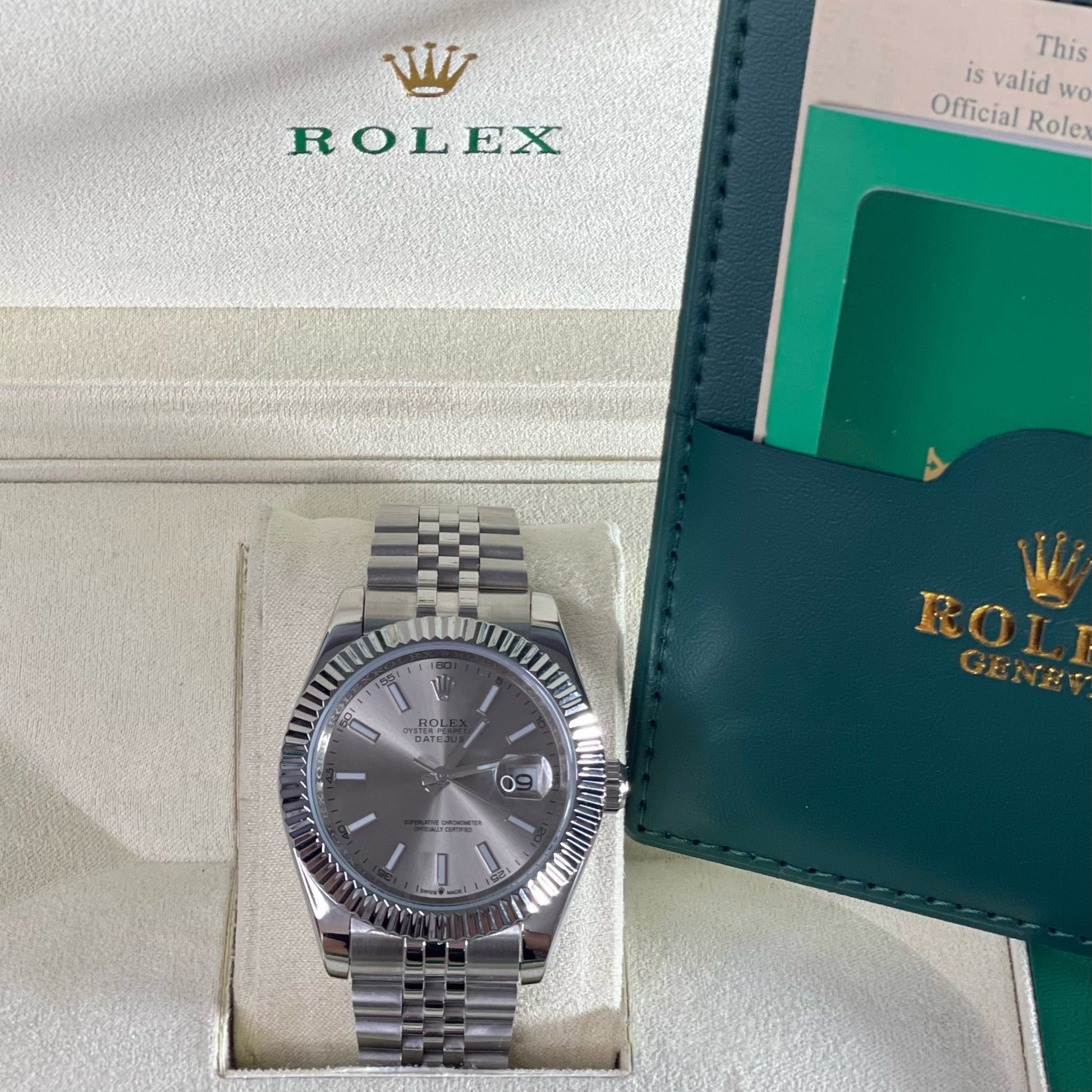 Orologio Rolex datejust 116334 Slate-Dia cinturino in acciaio inox jubilee, presentato in scatola rolex.