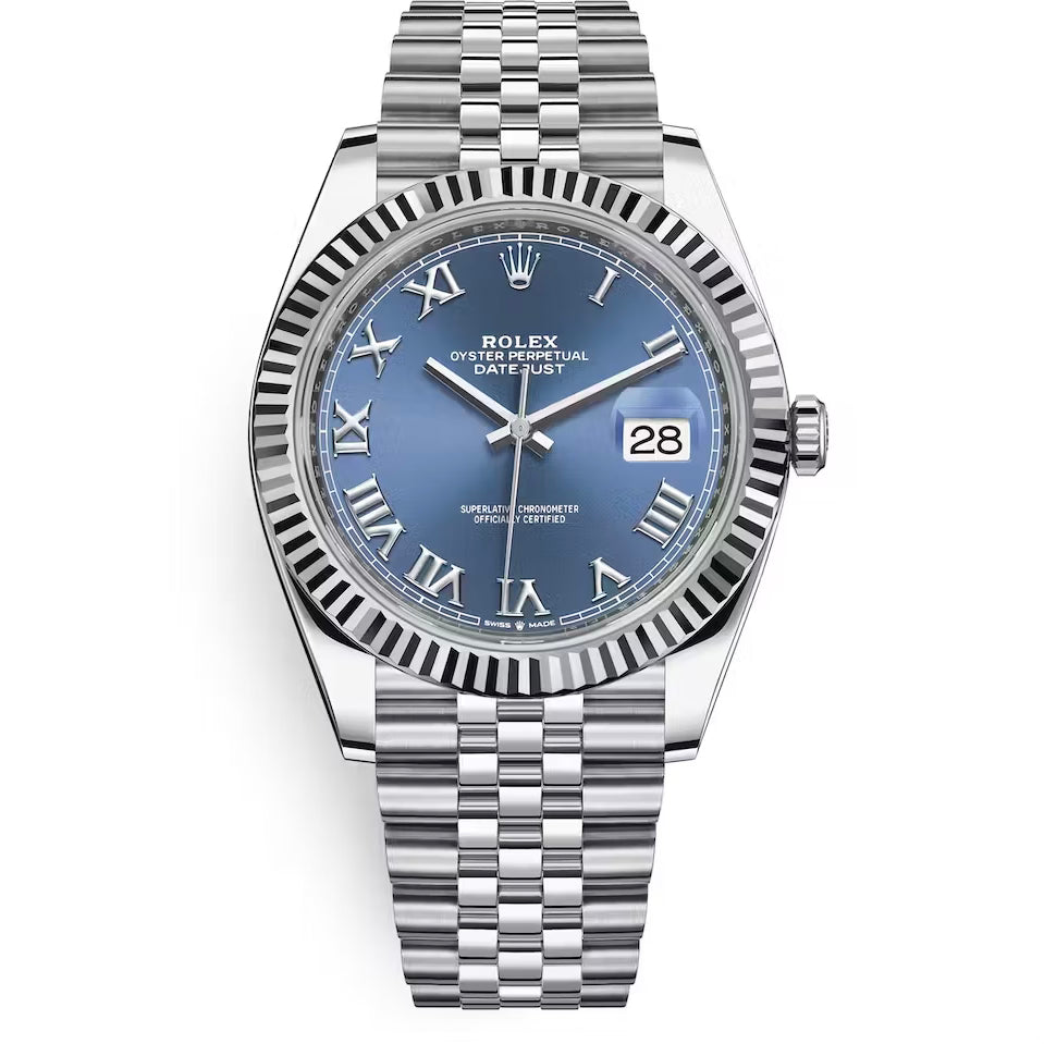 Orologio Rolex Datejust con quadrante blu Romane cinturino in acciaio inox jubilee, presentato in scatola rolex