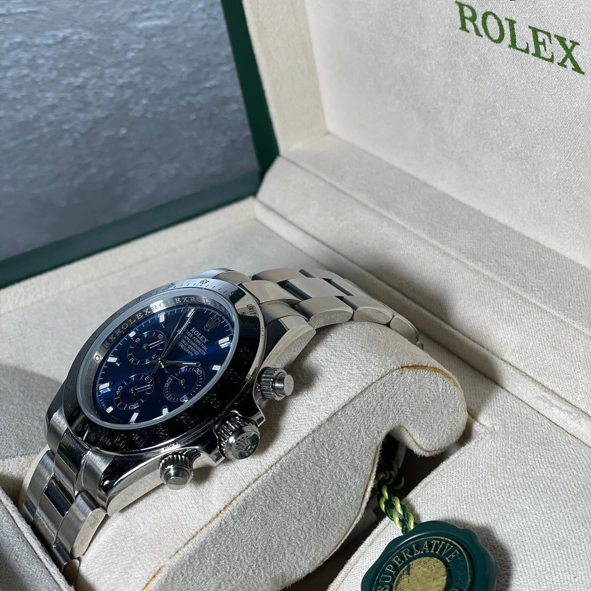 Orologio Rolex Daytona Blu 40 mm cinturino acciaio inox, presentato in scatola rolex.