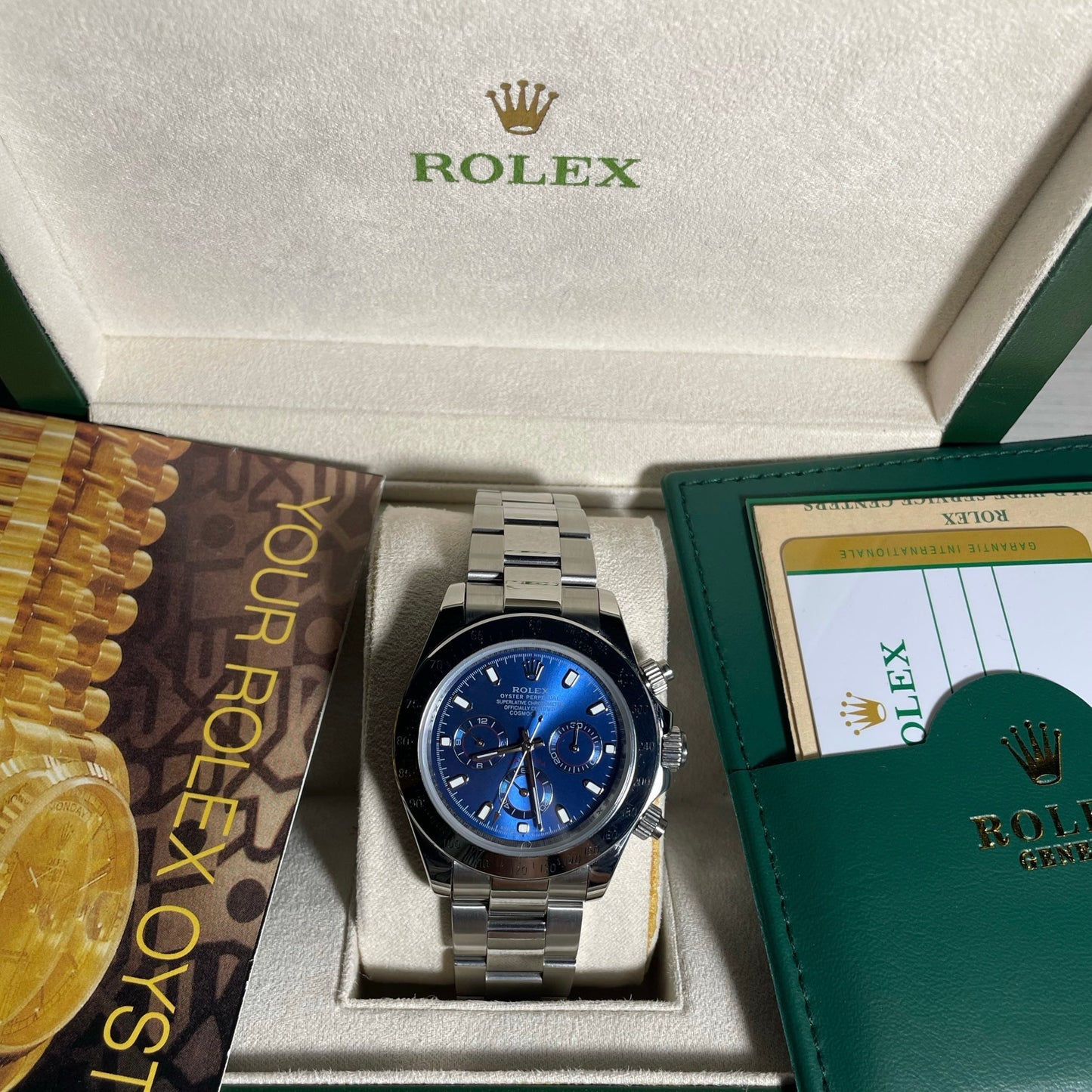 Orologio Rolex Daytona Blu 40 mm cinturino acciaio inox, presentato in scatola rolex.