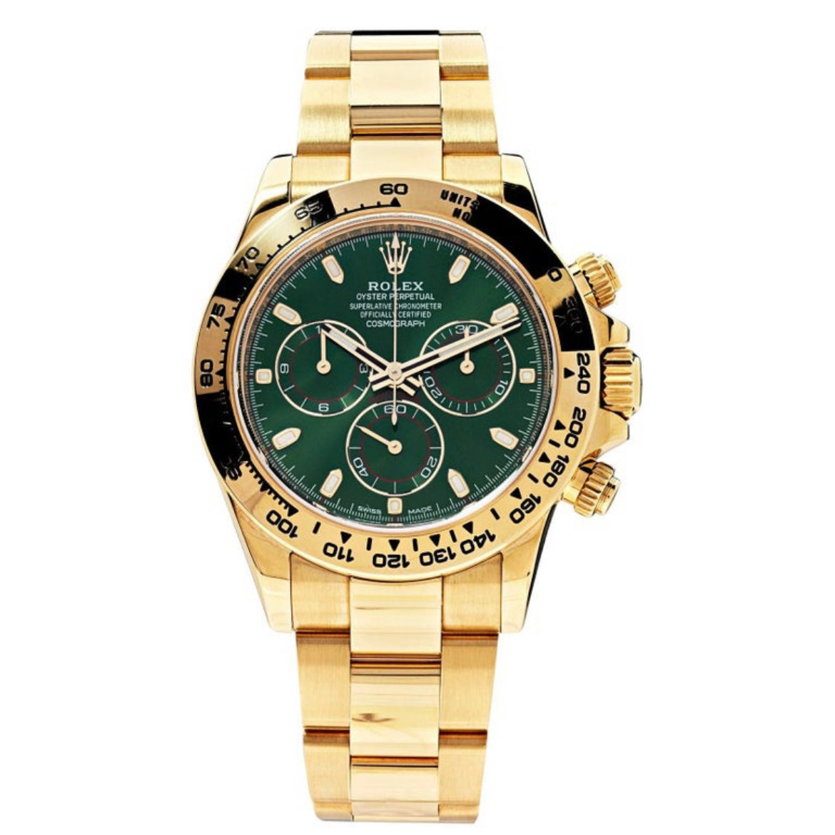 Orologio Rolex Daytona Green Gold 40 mm cinturino acciaio inox oro, presentato in scatola rolex.