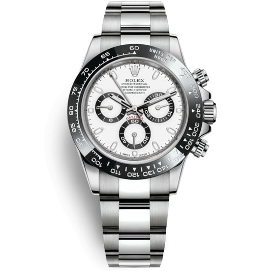 Orologio Rolex Daytona Panda 40 mm cinturino acciaio inox, presentato in scatola rolex.