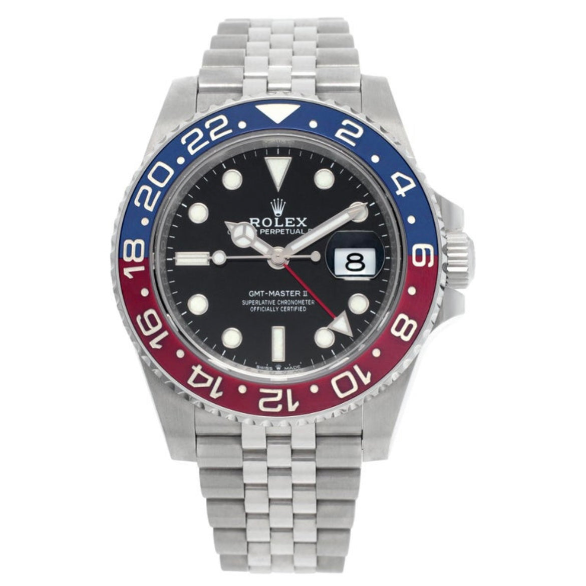 Orologio Rolex GMT Master pepsi 40 mm cinturino acciaio inox jubilee, presentato in scatola rolex.