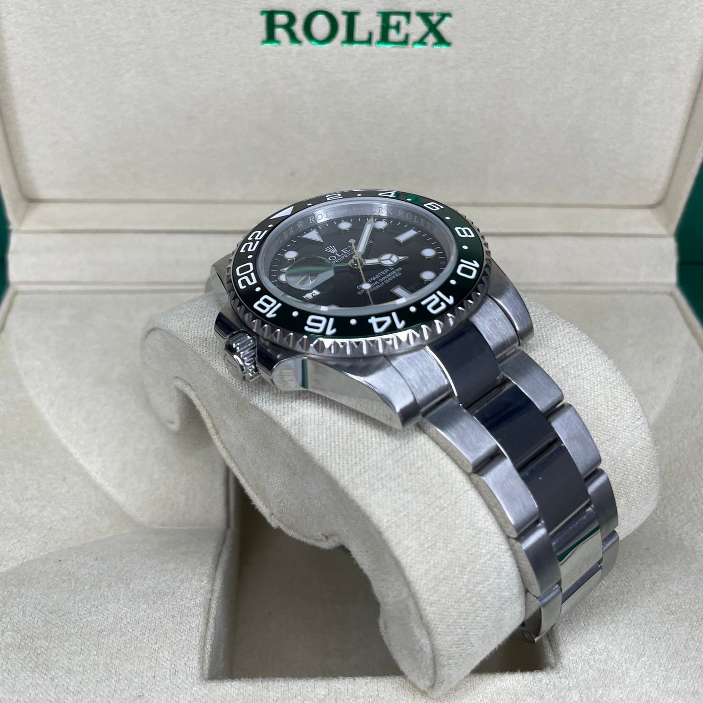 Orologio Rolex GMT Master Sprite 40 mm cinturino acciaio inox oystre, presentato in scatola rolex.