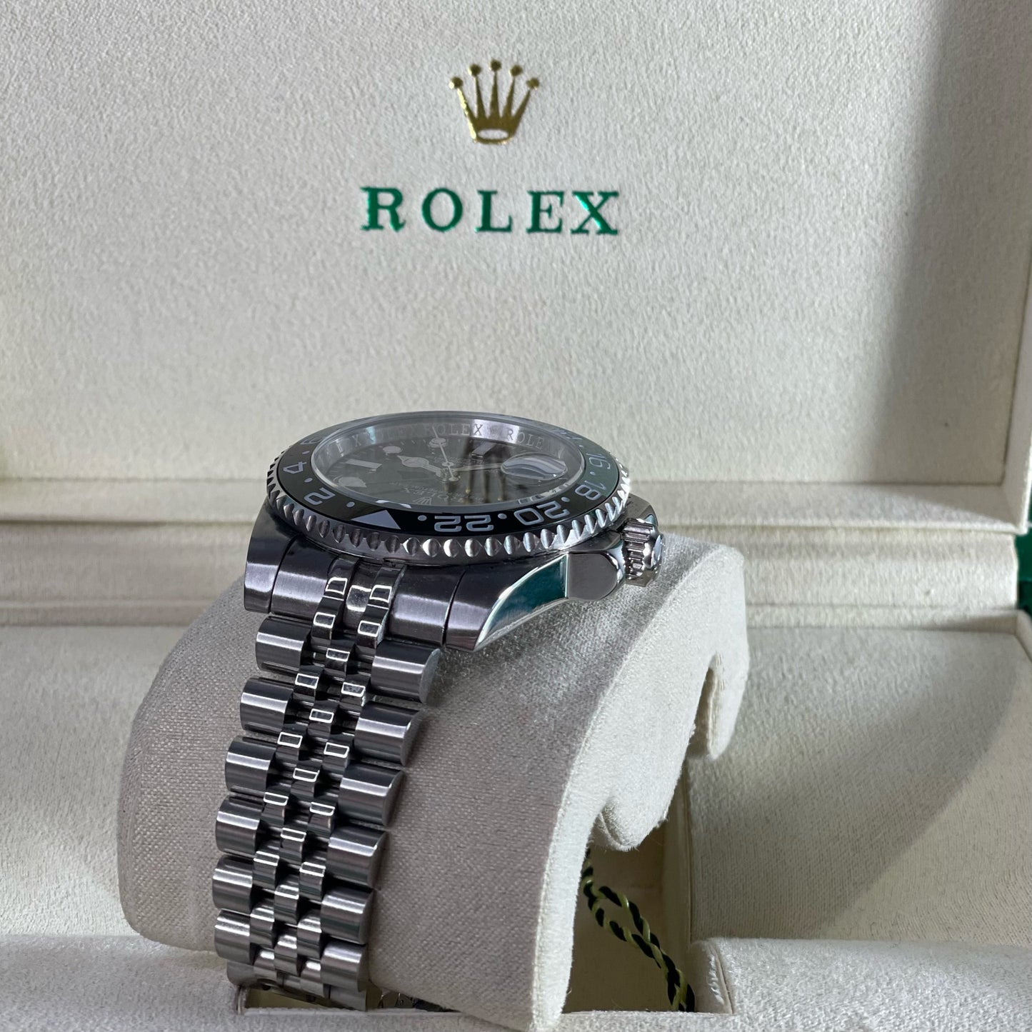 Orologio Rolex Gmt-Master sprite cinturino in acciaio inox jubilee, presentato in scatola rolex.