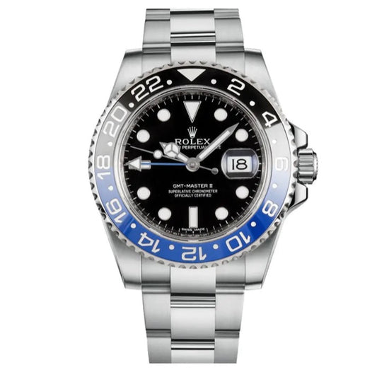 Orologio Rolex GMT Master Batman 40 mm cinturino acciaio inox oystre, presentato in scatola rolex.