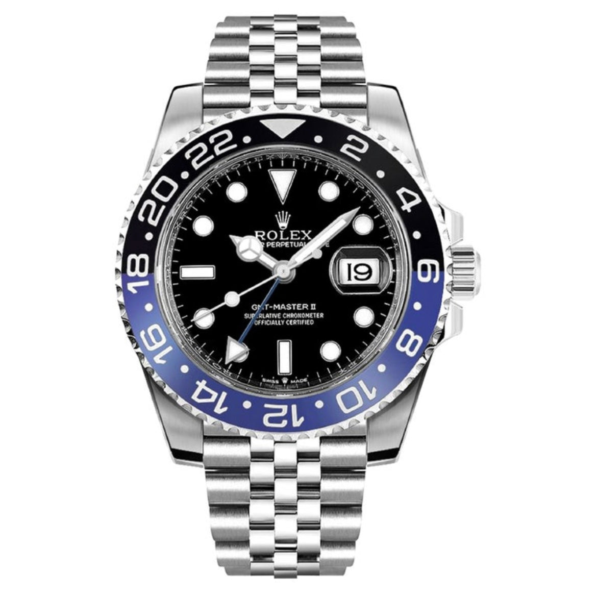 Orologio Rolex GMT Master Batman 40 mm cinturino acciaio inox jubilee, presentato in scatola rolex.