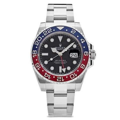 Orologio Rolex GMT Master Pepsi 40 mm cinturino acciaio inox oystre, presentato in scatola rolex.