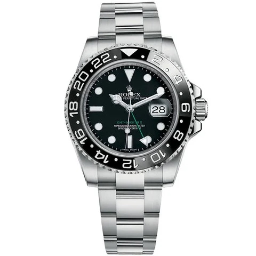 Orologio Rolex GMT Master nero 40 mm cinturino acciaio inox oystre, presentato in scatola rolex.