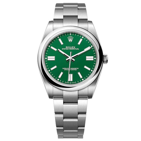 Orologio Rolex Oyster Perpetual Verde 41 mmm cinturino acciaio inox oystre, presentato in scatola rolex.