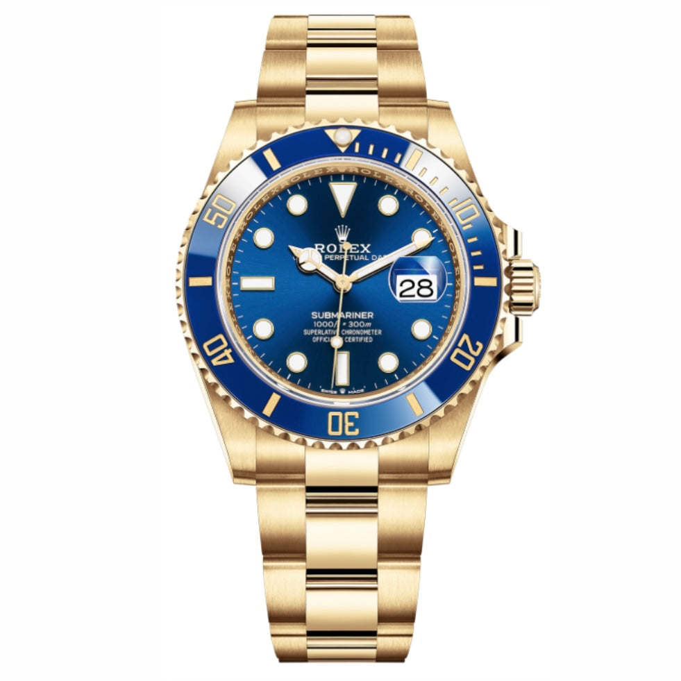 Orologio Rolex submariner con quadrante blu e cinturino in acciaio inox oro giallo, presentato in scatola rolex